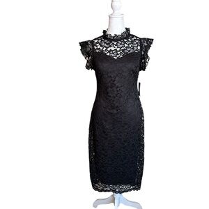 Alexa B Nites Women's  Black Lacy Overlay Lace Sleeve Midi Dress Size 8